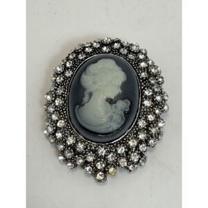 Vintage Cameo Brooch Rhinestone Victorian Style Silver Tone Pin